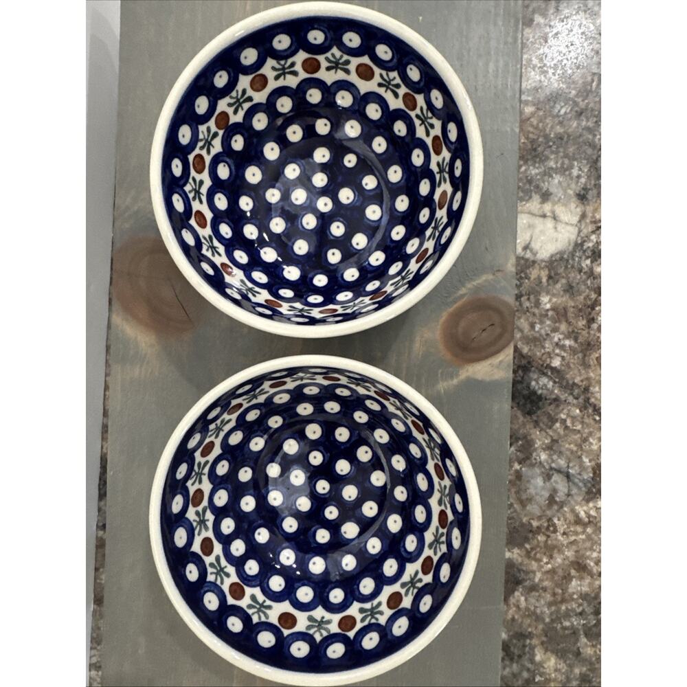 Polish Pottery Bowl- Set Of 2- Blue/White Nature 6in Wide/2.5in Tall Stackable - Picture 2 of 12